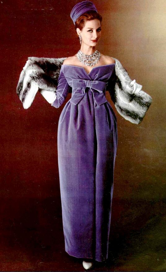 ~Model wearing a purple velvet dress by YSL for Christian DIor, 1958. Jewellery by Vendome. Photo by Philippe Pottier~