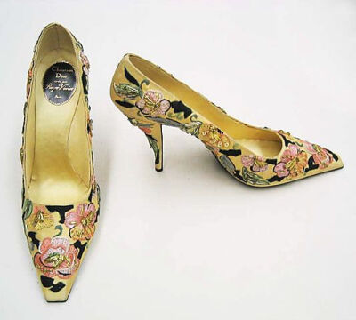 Christian Dior Pumps House of Dior By Designer Roger Vivier in 1955 made with silk, leather, metallic thread and plastic.