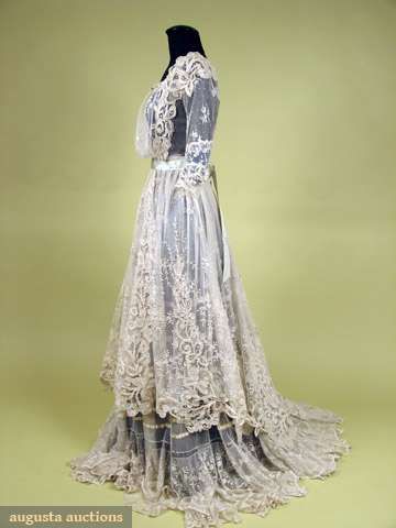 Haute Couture Victorian fashion lace tea dress gown from 1890-1920.