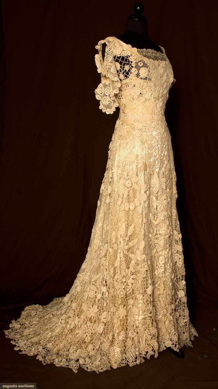 Irish Crochet Trained Gown Circa 1908 in Cap sleeve, low rounded neckline front &amp;amp; back,