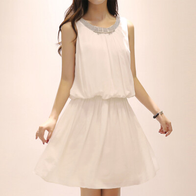 至简元素 夏韩版女装小清新连衣裙收腰镶钻白色中裙