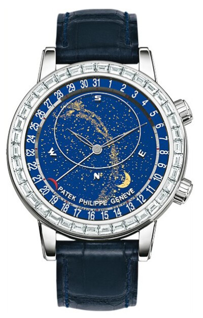 Patek Philippe 复杂功能计时腕表系列 机械男表（￥2,973,980.00，Celestial 是一款洋溢浓郁诗意的腕表，白金款式，设有指针式日期显示。表圈镶嵌 38 颗长阶梯形钻石。北半球的星空图绕 Ref.6104 的表盘转动。日期通…