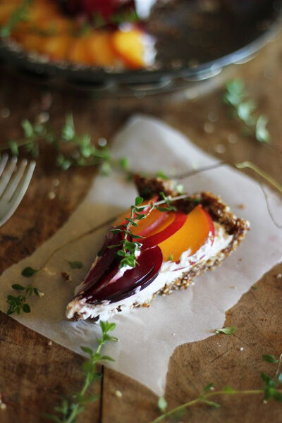 raw stone fruit and thyme tart with coconut cream