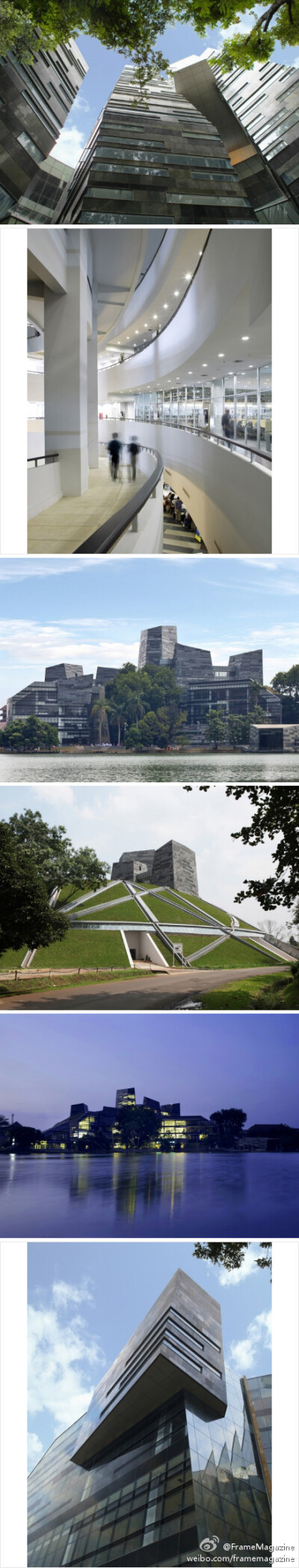 University of Indonesia Central Library by Denton Corker Marshall这座图书馆位于一个可见度非常高的中心场地上，紧靠校园湖边，圆形场地强烈地呼应着周边的道路与景观。图书馆从圆形场地的草地中逐步升起，它结…