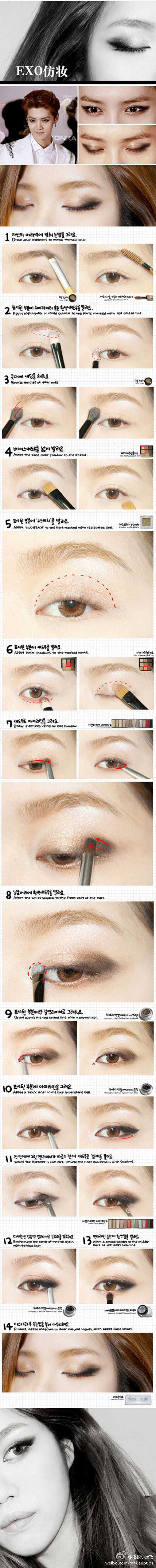 韩国达人仿EXO组合猫式眼影妆。很fashion......