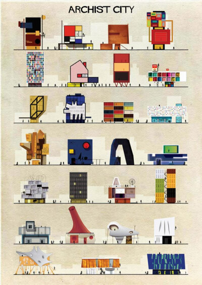 意大利建筑师和插画家Federico Babina将蒙特里安、安迪·沃霍尔、达明·赫斯特、杜尚、毕加索、萨尔瓦多·达利、米罗等著名艺术家画作以建筑形式进行了有趣解读，诠释艺术与建筑关系。先进行部分待续