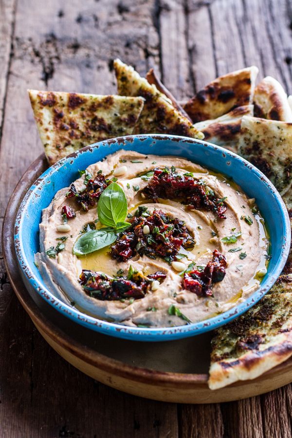 Cheesy Margarita Pizza Hummus with Grilled Pesto Pizza Bread | halfbakedharvest.com