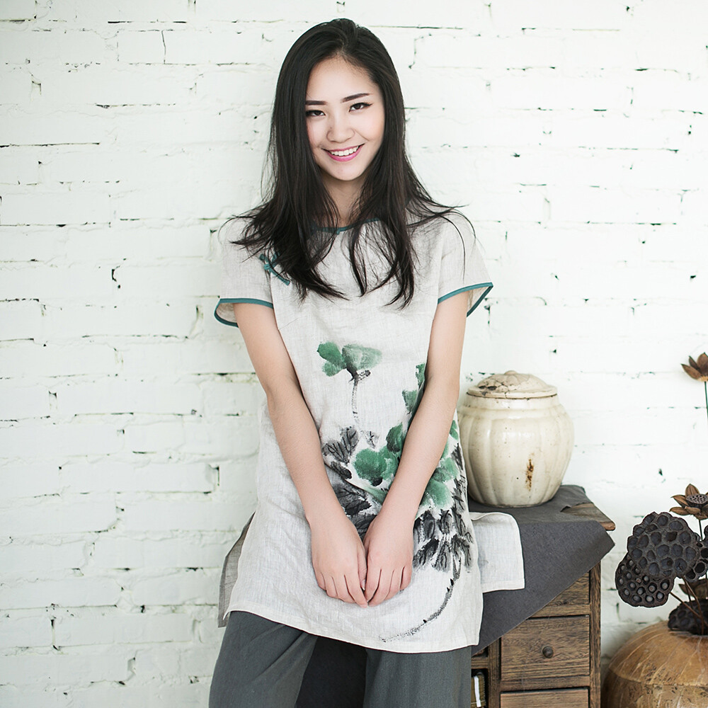 棉麻记上装女装夏装亚麻长款衬衫 手绘艺术复古盘扣上衣