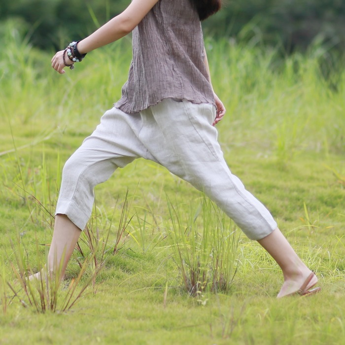 原创设计 夏装亚麻大裆裤休闲哈伦裤女装吊裆裤九分裤子