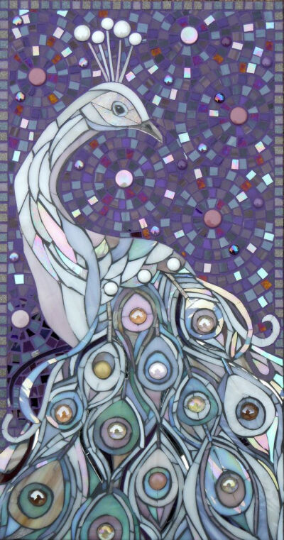 White Peacock Glass Mosaic Very nice! I really like the quill or feathers and the purple background.