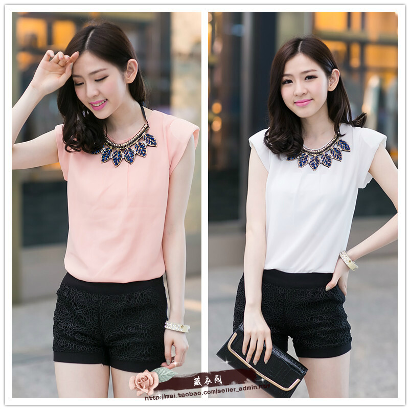 2014夏季新款女装 热点流行短袖圆领牛角袖女雪纺衫 配项链