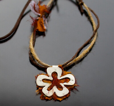 Reversible Flower Necklace - Reversible flower pendant, consisting of two riveted sterling silver pieces and silk fabric in the middle layer.