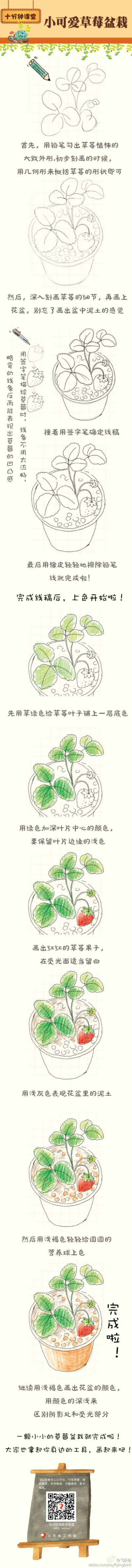 #每天10分钟，跟飞乐鸟学画画# 今天的主题是—小可爱草莓盆栽！春暖花开时，用画笔给自己增加一点绿意吧！抛开复杂的笔触和质感，用10分钟的时间画幅小画吧！用彩色圆珠笔或者彩铅签字笔都可以画哦！