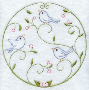 A quick stitch circle machine embroidery design with birds.