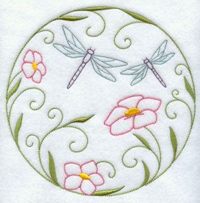 A quick stitch circle machine embroidery design with dragonflies and flowers.