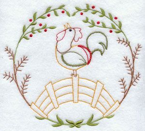 A rooster sits on a fence in a quick stitch machine embroidery design.