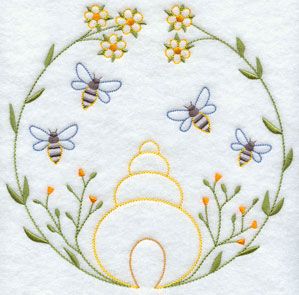 A quick stitch bees and beehive machine embroidery design.