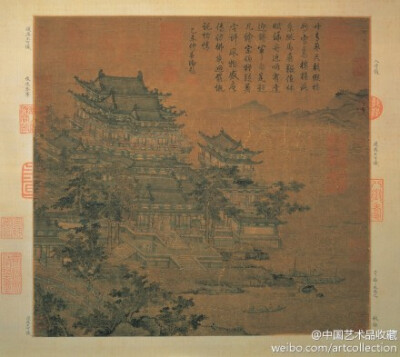 #界画#【 唐 李昭道 《洛阳楼》 】轴，绢本设色，37.6×39.4cm，台北故宫藏。此画描绘楼阁建筑群，殿宇以中轴对称作空间组合，交互堆叠，精整有序。石桥上宾客乘骑而来，童仆穿梭来往，画风巧赡精致，虽“豆人寸马”…