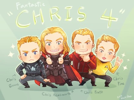 #chris pine# Fantastic Chris 4！原作：Mushstone，原链：http://t.cn/RPS9Ix4 想想这几天网上持续热议Chris美男组四选一的问题，@看地球的小狸 你说的对，给孩子起名叫Chirs吧，那真是个有魔力的名字。