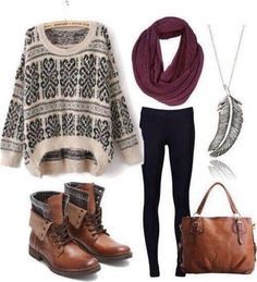 A cream and black patterned, over-sized, knit sweater over some black leggings paired with a maroon infinity scarf and brown leather combat boots. Accessories: a matching brown leather handbag and a l…