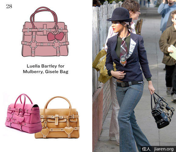 卢埃拉·巴特利 (Luella Bartley for Mulberry Gisele Bag）说起对IT BAG的追捧，那就要追溯到Mulberry的Gisele包包，这款著名的It Bag是英国箱包老牌Mulberry与伦敦的新锐设计师Luella Bartley的合作结晶。当2002年的春季时候，Luella Bartley让当时红的翻天的名模Gisele Bundchen手拎这款手袋作为压轴模特行天桥，在那之后并首度被媒体称为“Must-Have”。从那之后它不仅称为流行的经典，并被众多明星模特以及设计师和时尚人士所拥有。