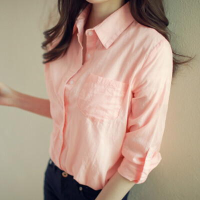 秋韩版宽松显瘦粉色中长款长袖亚麻衬衫女装衬衣开衫