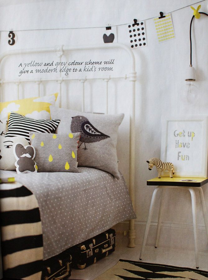 The Modern Baby - Grey &amp;amp; Yellow - Gender Neutral kids bedroom. Love the black and white with grey bedding and yellow accessories. Ferm Living, Farg Form and Seventy Tree products used in this shoot by Charlotte Love for Good Homes magazine.