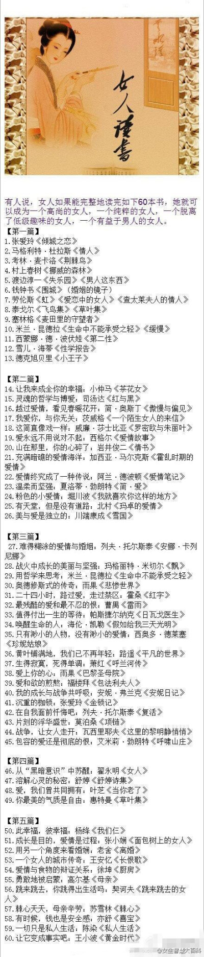 有人说，女人如果能完整地读完如下60本书，她就可以成为一个高尚的女人，一个纯粹的女人，一个脱离了低级趣味的女人，一个有益于男人的女人。