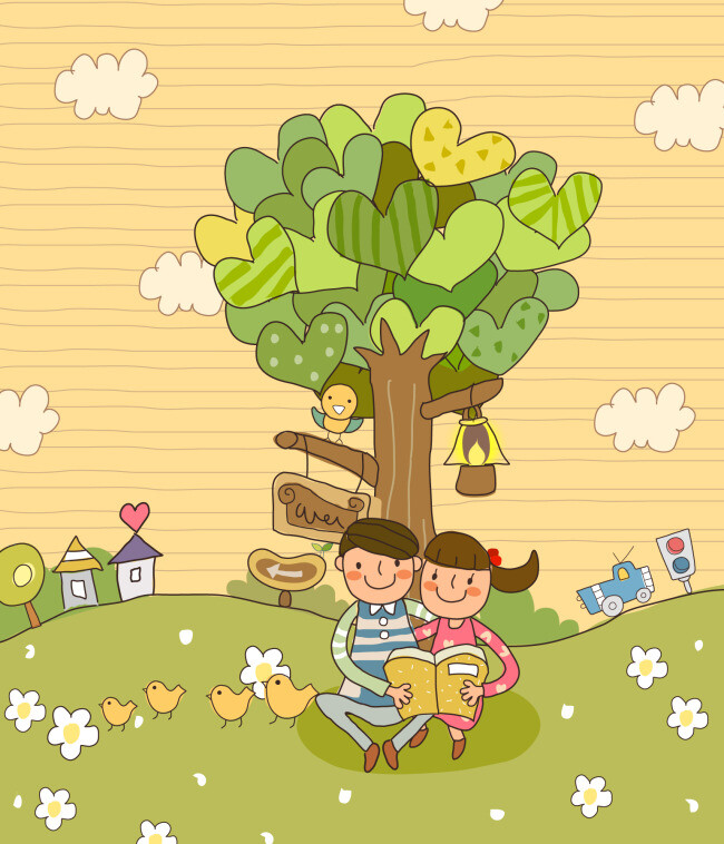 在爱心树下看书的儿童