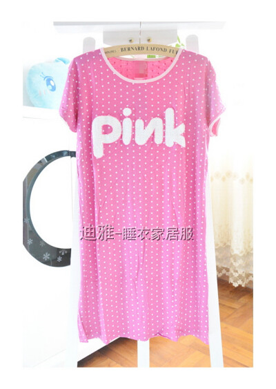 女夏季新款可爱波点PINK莫代尔棉植绒休闲短袖睡裙韩国家居服睡衣