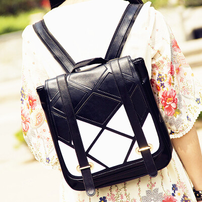 韩版潮学院风时尚水立方黑白拼接撞色学生书包双肩包女包