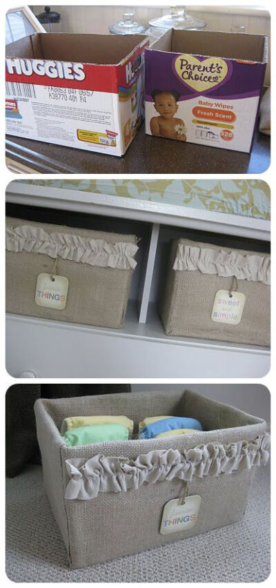 Transform an ugly cardboard box into a useful and elegant burlap storage option.