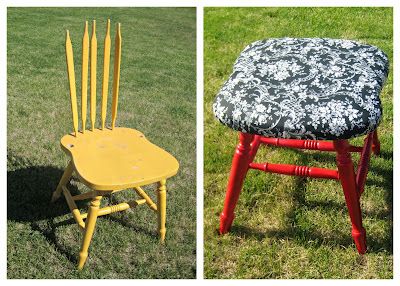 Broken wood chair turned into cute stool. Repurpose recycle old broke chair. Cut off back spindles, put cushion on wood chair &amp;amp; staple fabric over it