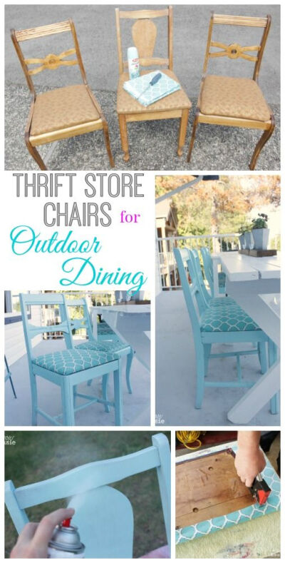 DIY ~ How to turn thrift store upholstered chairs into seating for your outdoor dining table