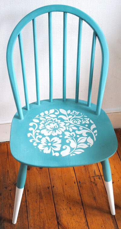 Turquoise Chalk Paint Chair with Stencil Design