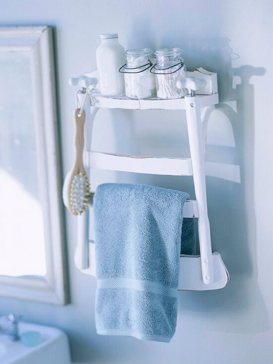 Bathroom Shelf What it is: A repurposed unused chair turned into a useful wall-mounted towel rack and shelf. How to make it: Remove the seat and legs of an old chair and mount it to the wall. Hang towels and other bathroom essentials. How to Make a Ladder-Back Shelf