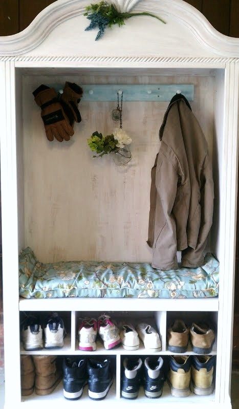 Old TV armoire recycled into a coat rack/shoe rack/bench. Smart!