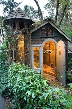 This small garden shed is actually a chicken coop. The chickens even have lighting.