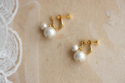 日本棉花珍珠10mm&amp;6mm耳钩耳夹 两款入 奶油色