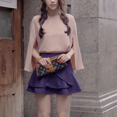 韩国 春夏 名媛公主风粉色披肩上衣半身裙套装仙
