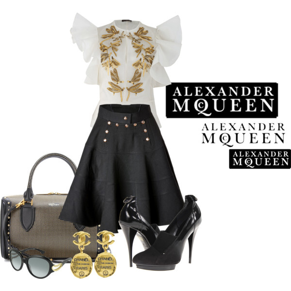 A fashion look from September 2013 featuring Alexander McQueen blouses, McQ by Alexander McQueen skirts and McQ by Alexander McQueen pumps. Browse and shop related looks.