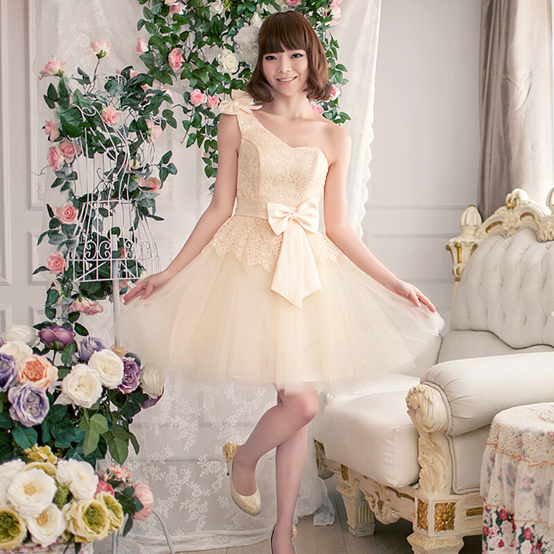 名贵风格小礼服短款香槟色伴娘礼服 韩版雪纺气质连衣裙公主裙