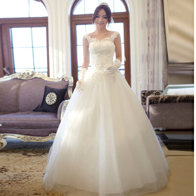 名贵风格新娘双肩婚纱礼服 韩版齐地绑带白色简约