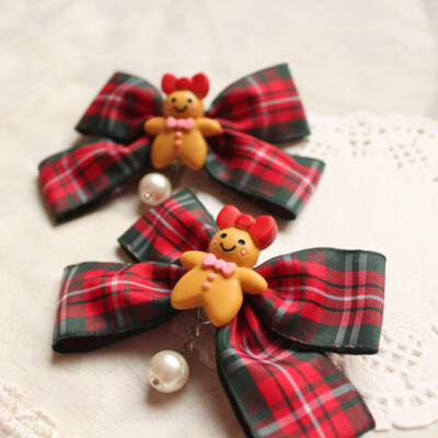 ●原创设计●圣诞姜饼人&mdash;圣诞复古风红绿格子蝴蝶结发夹边夹●