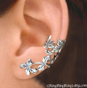 925. Spring Leaf branch - Sterling Silver ear cuff earring, Non pierced earcuff jewelry 110412