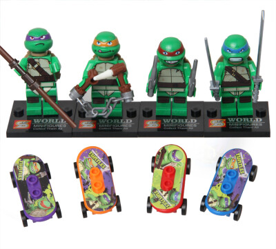 热卖幻影忍者神龟拼装积木玩具ABS环保小人偶公仔送武器送滑板
