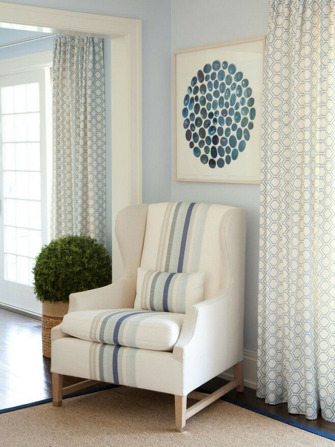 Light blue, dark blue, white, beige and gray stripe detail on chair