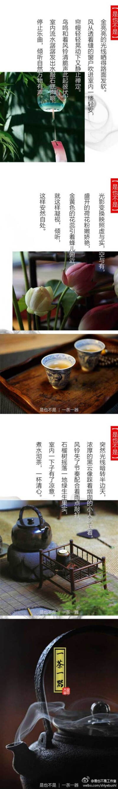 【一茶一器】天地有大美 金亮亮的光线晒得路面发软。 风从透着缝的窗户吹进室内一缕轻安， 帘幔轻轻晃动下又静止禅定。 鸟鸣和着风铃清脆声此起彼伏， 室内流水潺潺发出水敲石底声响， 停止乐曲，倾听自然万物有声。…