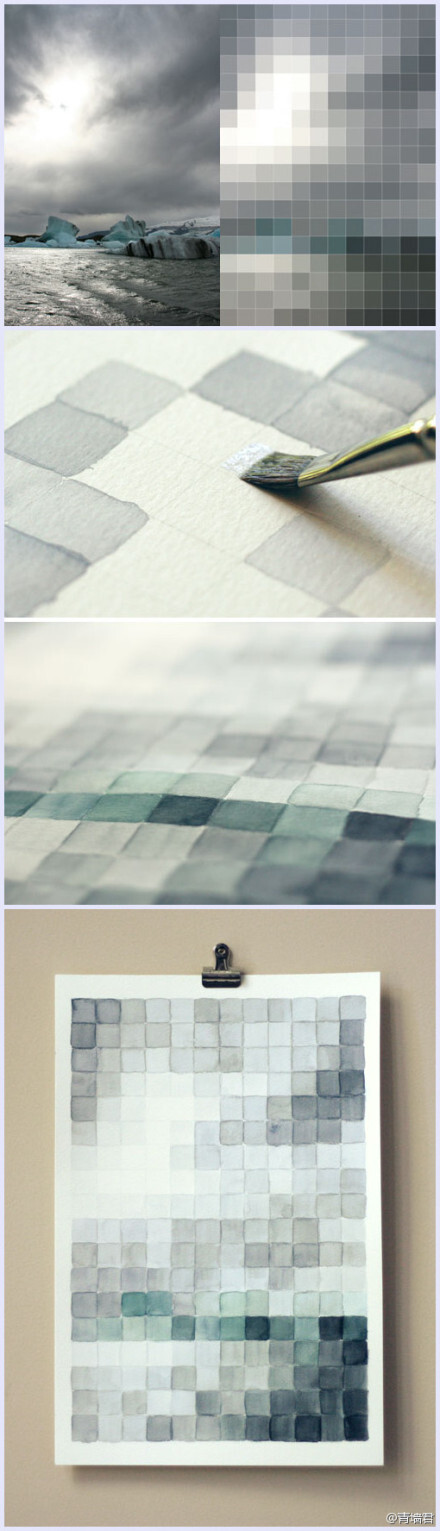 #DIY Pixel Painting#有一天，Amanda Wright在编辑她所拍摄的冰岛照片时，无意缩放到了15像素，她觉得：哎哟不错哦~由此诞生了这幅水彩画，全部由简单的色块构成，也许有人觉得乏味，但我和作者一样，对这种单调的却能达到美丽结果的方式情有独钟。图片越大细节越多，自然花费时间也更多=。=