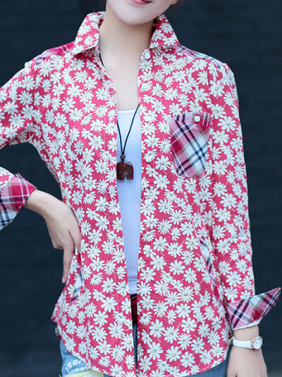 韩版新款秋季宽松大码长袖印花衬衫修身显瘦小清新女式衬衣潮
